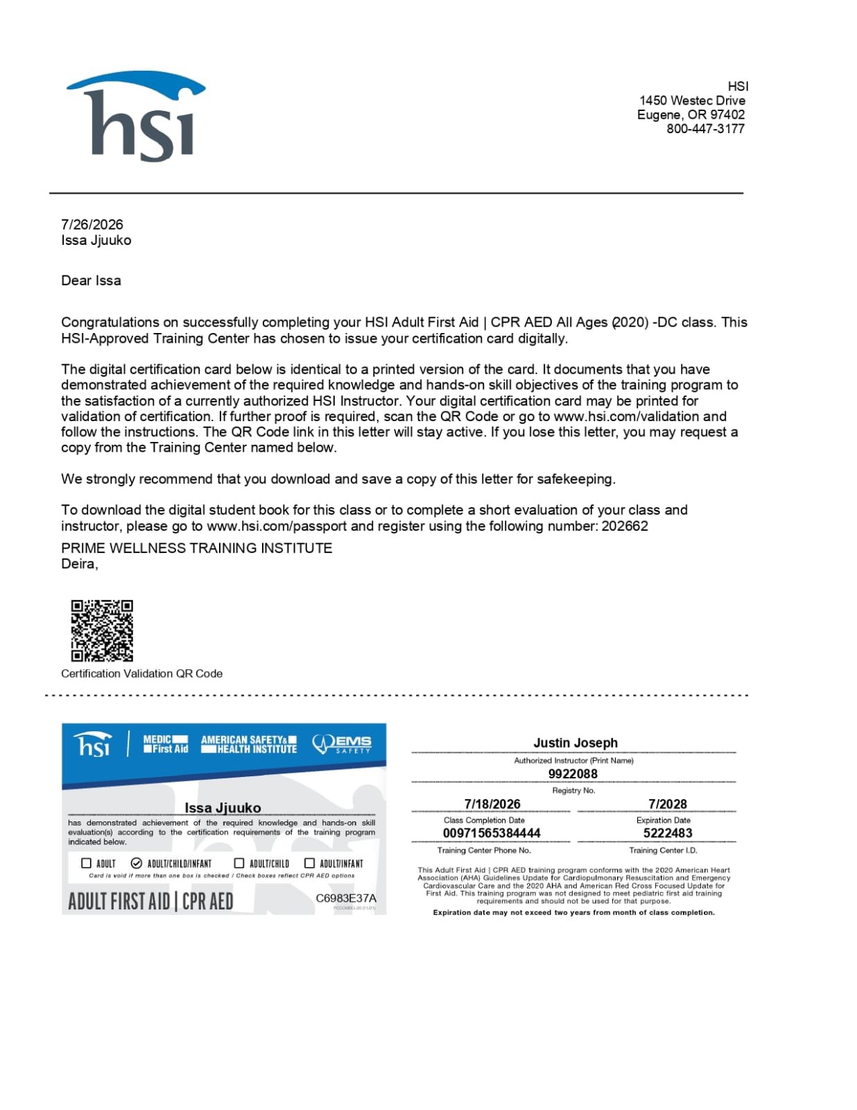 HSI Adult First Aid CPR-AED certificate